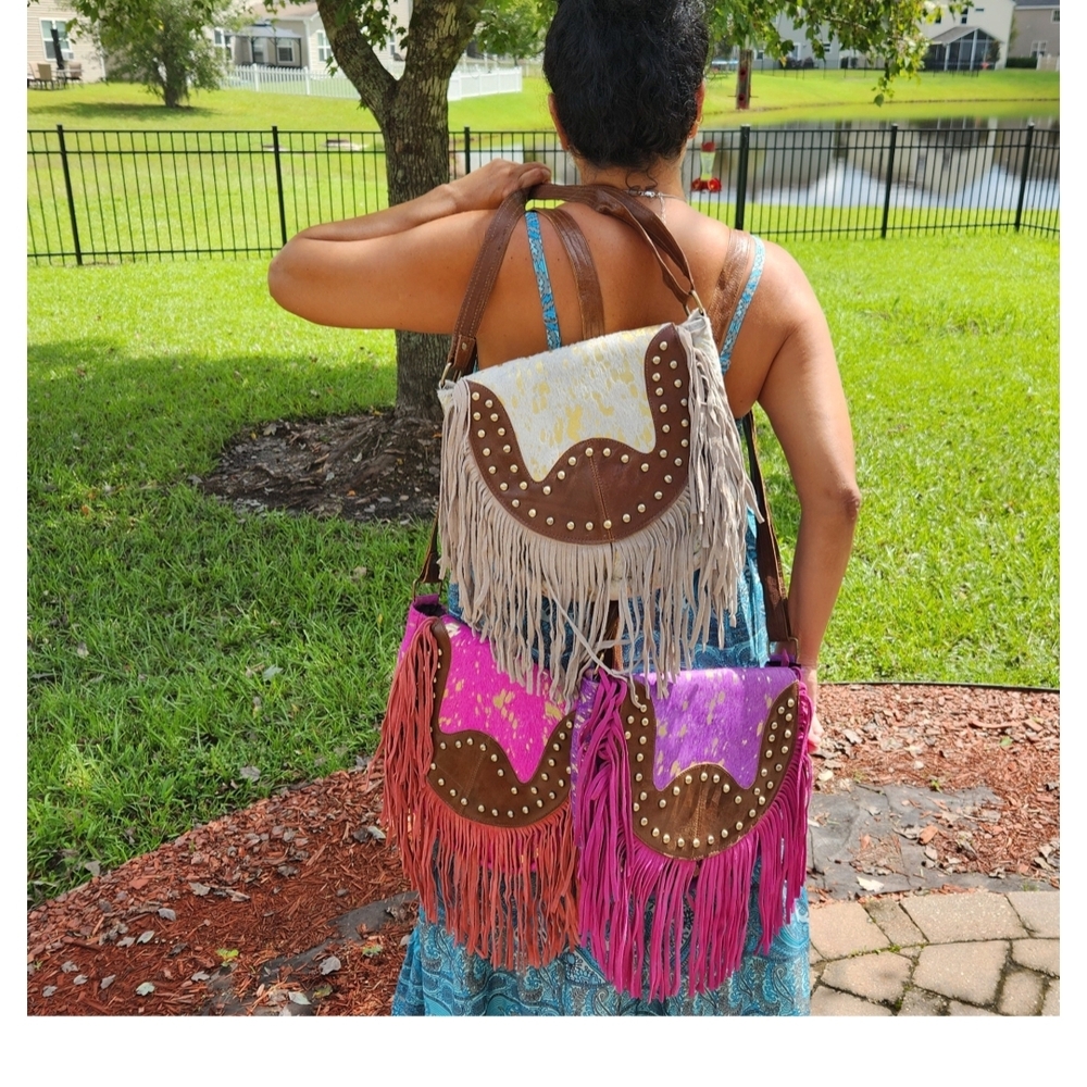BOHO Fringe Leather Shoulder Bag - Light Grey